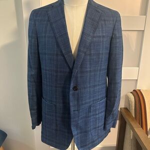 Peter Millar Crown Crafted Sport Coat Blue Windowpane Wool Silk Linen 40R